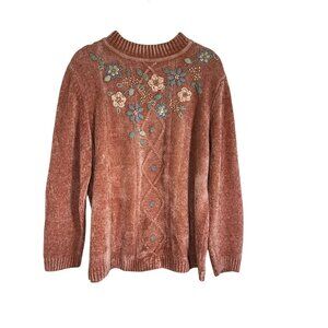 Colorful Floral Embroidered Knit Sweater Pink L Cottage Boho Indie Coquette